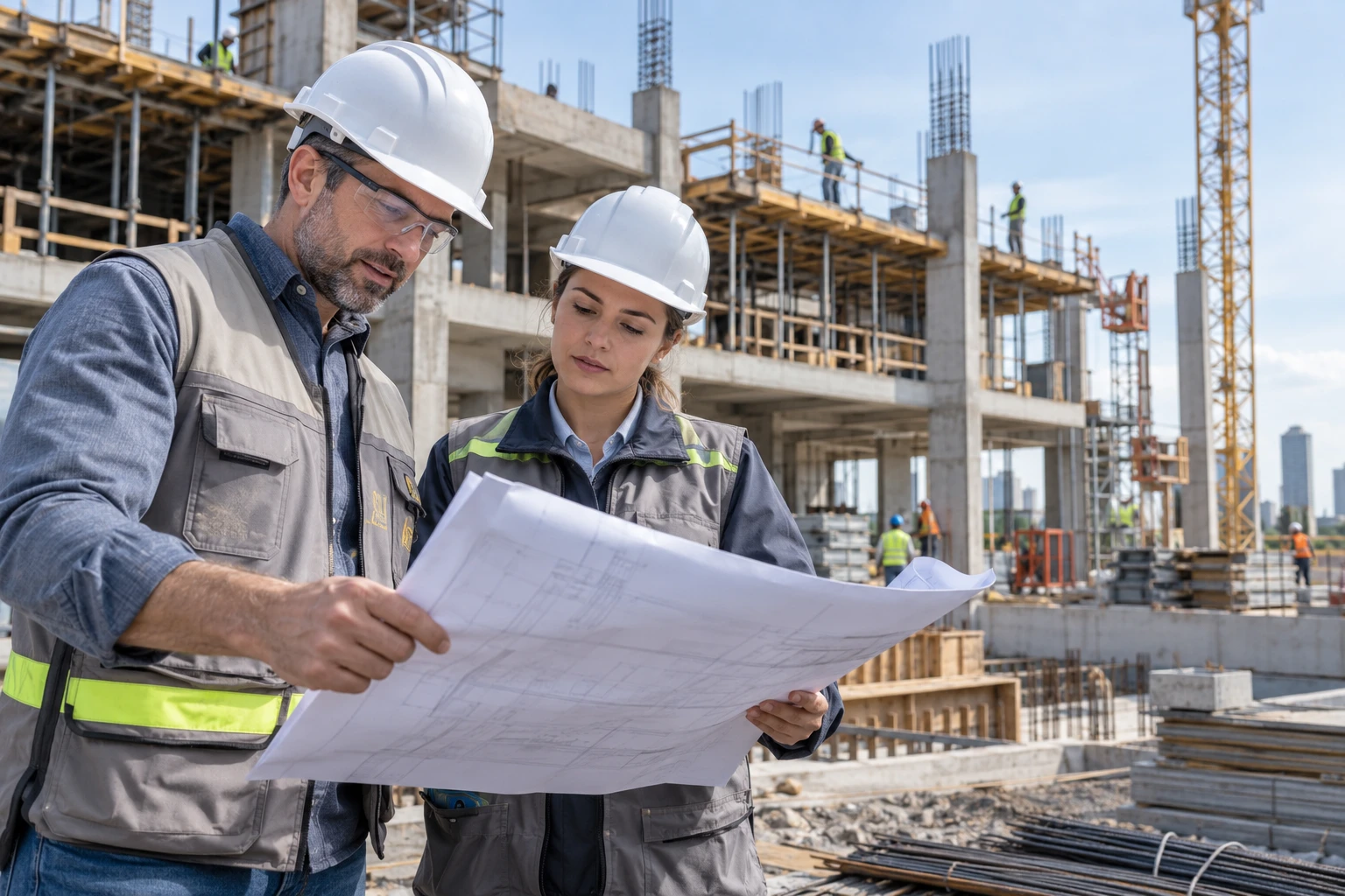 Engineers reviewing plans at a construction site