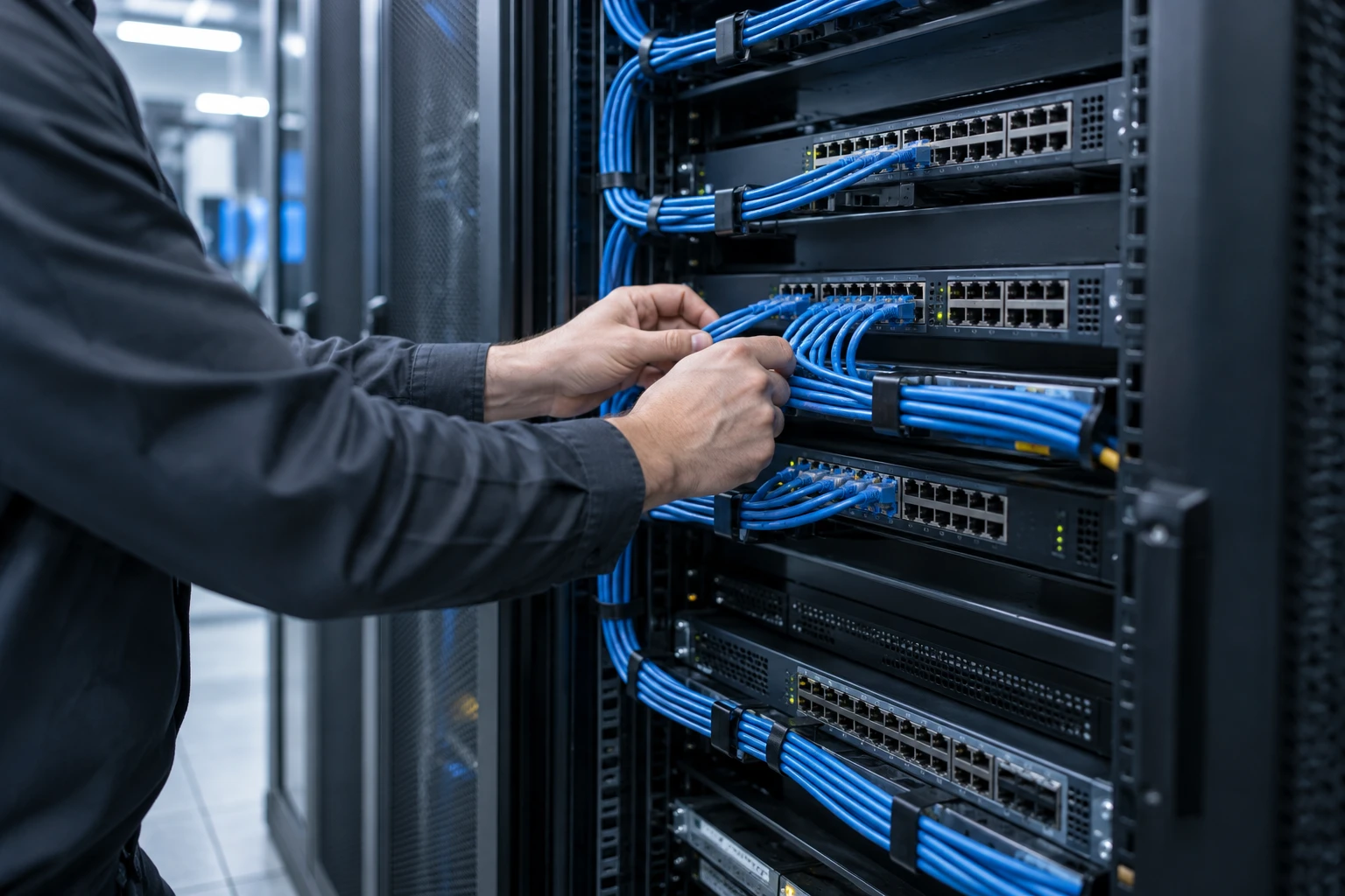 IT technician inspecting network equipment